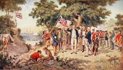 Cook kapitány birtokba veszi Új-Dél-Walest, 1770, illusztráció a Hutchinson történetéből a brit nemzetről, 1923 körül alkotó: John Alexander Gilfillan