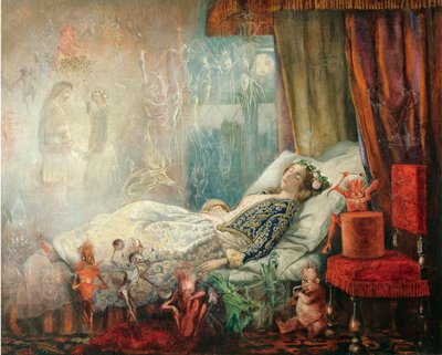""Le reve apres le bal masque" (Álom az álarcos bál után) Peinture de John Anster Fitzgerald (1832-1906), - Olaj, vászon, 35,5x44,5 - Magángyűjtemény alkotó: John Anster Fitzgerald