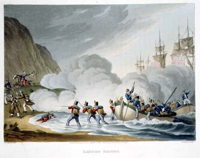 Landing Troops, Matthew Dubourg (fl.1813-20) metszete a "Történelmi, katonai és haditengerészeti anekdotákból", pub. írta: Edward Orme (1774-1820 körül) 1817 (akvatinta) alkotó: John Augustus (after) Atkinson