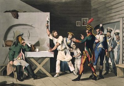 Orosz hűség és hősiesség: a szmolenszki paraszt, John Heaviside Clark (kb. 1771-1863) és Matthew Dubourg (fl. 1813-20) metszete a "Történelmi, katonai és haditengerészeti anekdoták" című kocsmából. írta: Edward Orme (1774-1820 körül) 1816 (akvatinta) alkotó: John Augustus (after) Atkinson