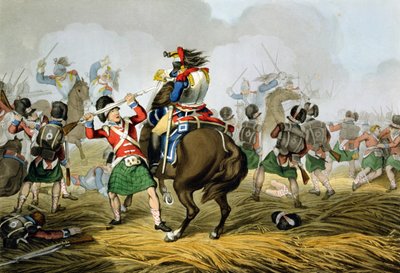 A francia kurirasszusok a waterlooi csatában, a felföldi és skót szürkék által megtámadva és legyőzve, Matthew Dubourg (1813-20) metszete a "Historic, Military and Naval Anecdotes" című kötetből, kiadó: E alkotó: John Augustus Atkinson