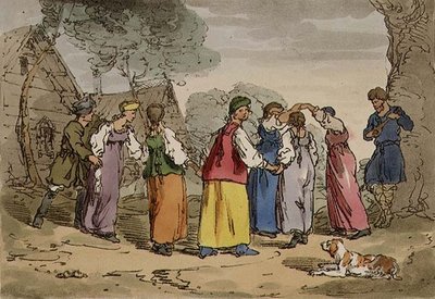 Falusi mulatságok, "Az oroszok modora, szokásai és mulatságai" III. kötetének 82. táblája, a művész által metszett, kocsma. 1804 (akvatinta) alkotó: John Augustus Atkinson