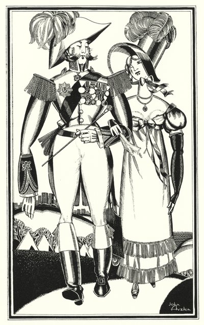 Illusztráció Don Juanhoz, Lord Byron: érmek, rang, szalagok, csipke, hímzés, skarlát (litho) alkotó: John Austen