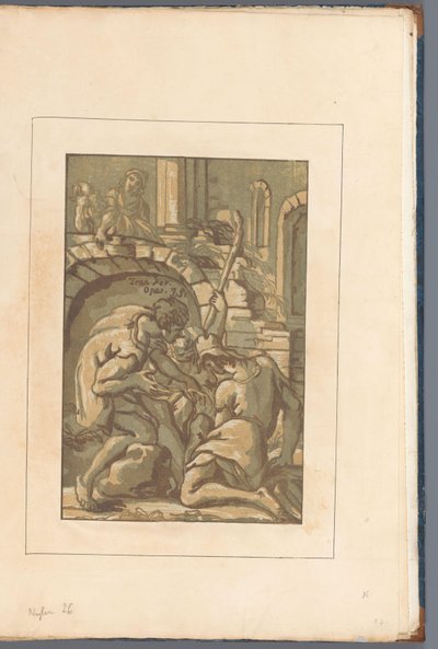 Három figura egy íj közelében Amicis suis necnon unicuique (...) (sorozat címe az objektumon) alkotó: John B. Skippe