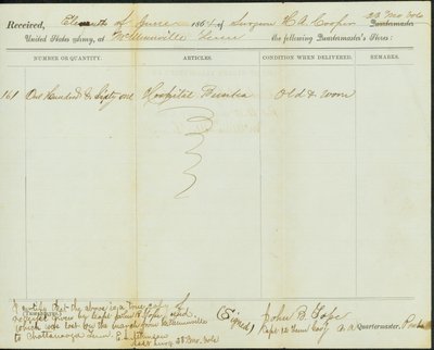 A Quartermaster üzleteinek átvételi elismervényének korabeli másolata, eredeti aláírása: John B. Tope, kapitány, 12. Tennessee lovasság, 1864. június 11. alkotó: John B. Tope