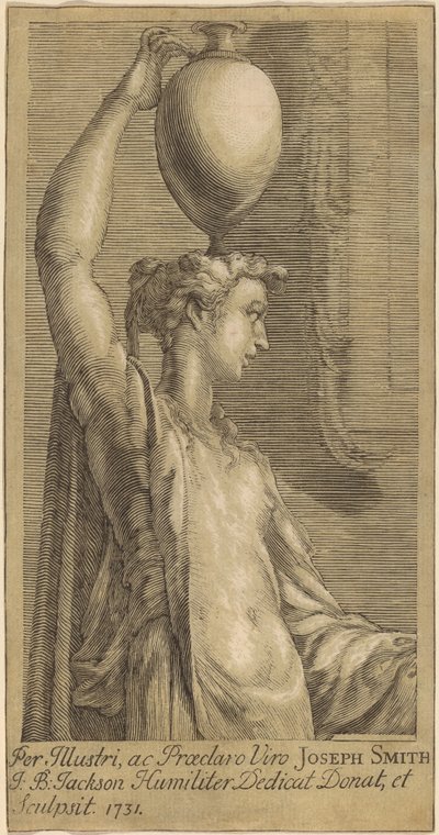 Nő, aki egy korsót tart a fején alkotó: John Baptist Jackson, after Parmigianino