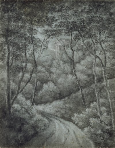 Táj erdőn át vezető ösvényen és klasszikus templommal, 18. század vége. alkotó: John Baptist Malchair