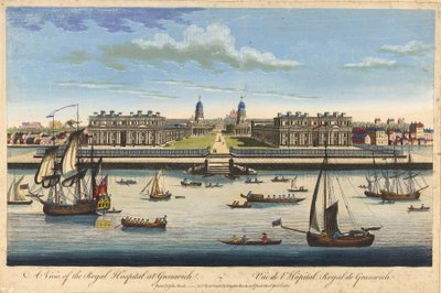 A greenwichi királyi kórház látképe, 1770 körül (színes metszet) alkotó: John Bowles