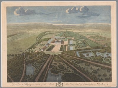 Gezicht op Dunham Massey Cheshire-ben Dunham Massey, a jobboldal székhelye: ble, Warrington grófja Cheshire-ben (cím a tárgyon) alkotó: John Boydell