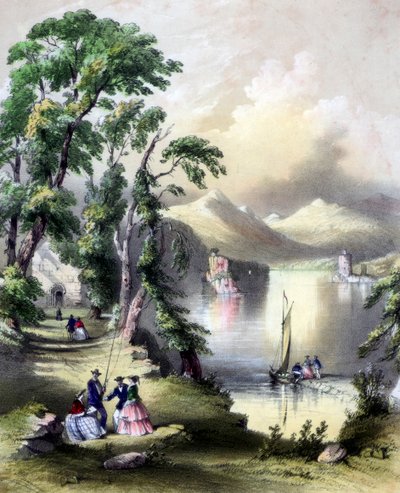 A Killarney-tó az Innisfallen Abbey romjaival, Írország, 19. század. alkotó: John Brandard