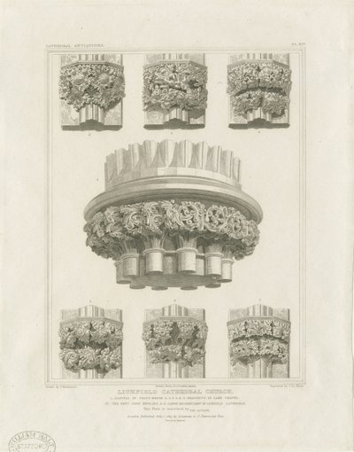 Lichfield székesegyház belseje – Cluster Pillar a Chapter House-ban és zárójelek a Lady Chapel-ben: metszet, nd [c 1819] (nyomtatás) alkotó: John Britton