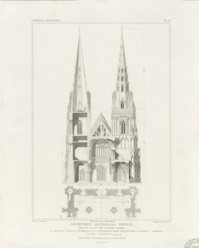 Lichfield katedrális – nyugati front: metszet, nd [c 1819] alkotó: John Britton