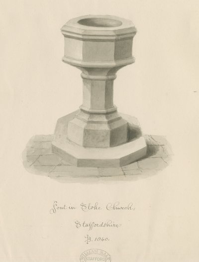 Font Stoke-upon-Trent templom: szépia rajz alkotó: John Buckler