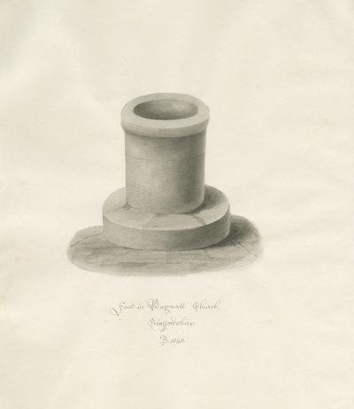 Betűtípus a Bagnall templomban: szépia rajz alkotó: John Buckler
