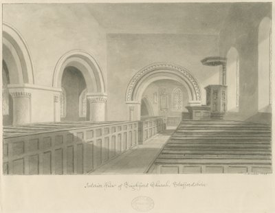 Seighford templom belseje: szépia rajz alkotó: John Buckler