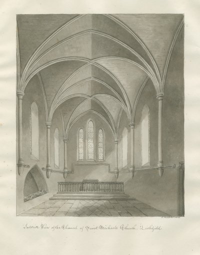 Lichfield - Szent Mihály templom belseje: szépia rajz alkotó: John Buckler