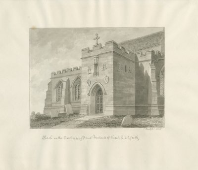 Lichfield - A Szent Mihály-templom északi tornáca: szépia rajz alkotó: John Buckler