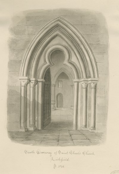 Lichfield – a Szent Csád-templom déli bejárata: szépia rajz alkotó: John Buckler