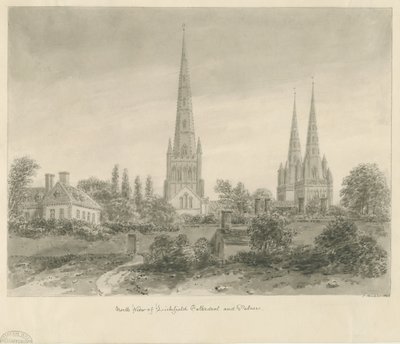 Lichfield katedrális – Északi nézet: szépia rajz, 1838 alkotó: John Buckler