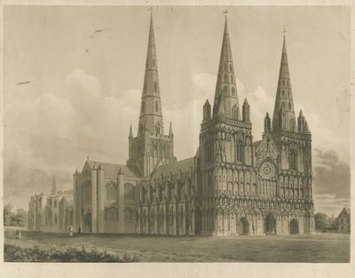 Lichfield katedrális – északnyugati nézet: akvatinta metszet, nd [1807] alkotó: John Buckler