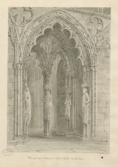 Lichfield katedrális – Nyugati ajtó: szépia rajz alkotó: John Buckler