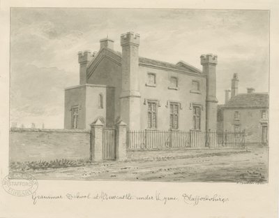 Newcastle-under-Lyme – Gimnázium: szépia mosás rajz, 1840 alkotó: John Buckler