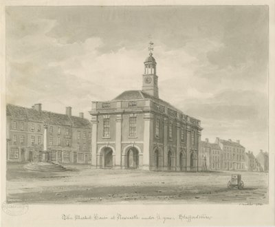 Newcastle-under-Lyme – Piac tér: szépia mosás rajza, 1840 alkotó: John Buckler