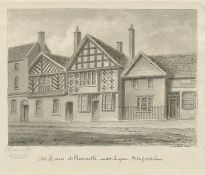 Newcastle-under-Lyme – Régi házak: szépia rajz, 1840 alkotó: John Buckler