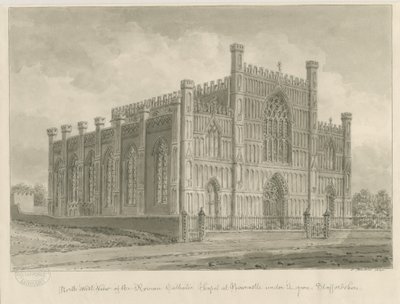 Newcastle-under-Lyme – római katolikus kápolna: szépia mosás rajza, 1840 alkotó: John Buckler