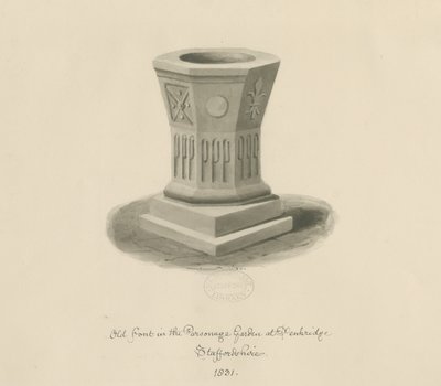 Penkridge - Font in Parsonage Garden: szépia rajz alkotó: John Buckler