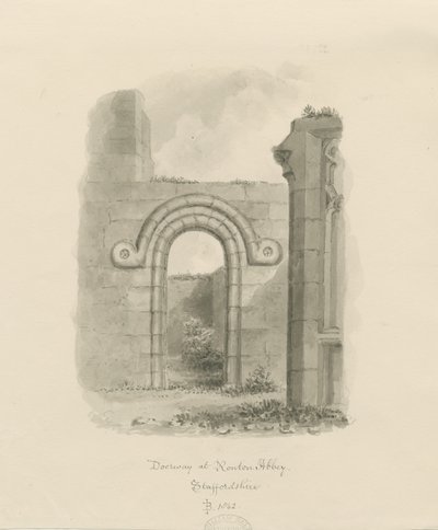 Ranton Abbey [Priory] - Egy ajtónyílás maradványai: szépia rajz alkotó: John Buckler