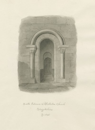 Rolleston templom - Déli bejárat: szépia rajz alkotó: John Buckler