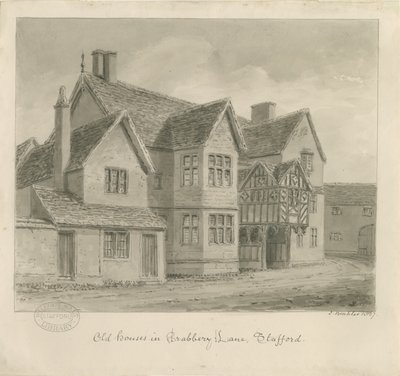 Stafford - Régi házak a Crabbery Lane-ben: szépia rajz alkotó: John Buckler