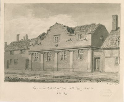 Tamworth - Gimnázium: szépia rajz, 1838 alkotó: John Buckler