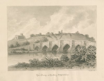 Tutbury kastély, templom és híd: szépia mosás rajz alkotó: John Buckler