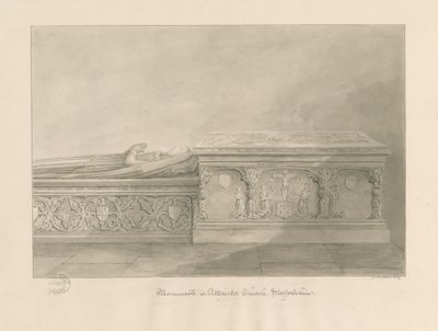Uttoxeter templom – Thomas Kinnersley és egy nő sírjai: szépia mosás rajz alkotó: John Buckler