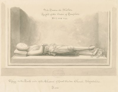 Weston-under-Lizard Church – Sir Hamo de Weston képmása: szépia mosás rajza, 1842 alkotó: John Buckler