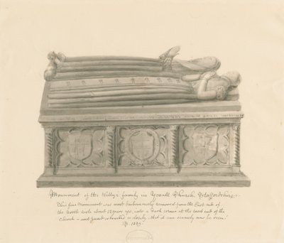 Yoxall templom - Welly család emlékműve: szépia rajz alkotó: John Buckler