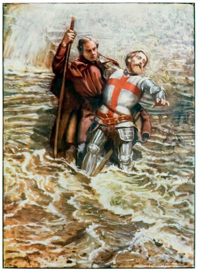 A Hopeful segít Christiannak átkelni a folyón A zarándokok előrehaladása ebből a világból, az eljövendőbe – John Bunyan (1628-1688) Illusztráció: Byam Shaw (1872-1919), a zarándokok átkelnek a folyón. alkotó: John Byam Liston Shaw