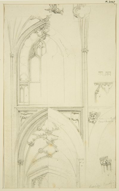 A Clerestory Window Tracery és a folyosó boltozatának részletei St Mary Redcliffe-ben (ceruza és akvarell papíron) alkotó: John Carter