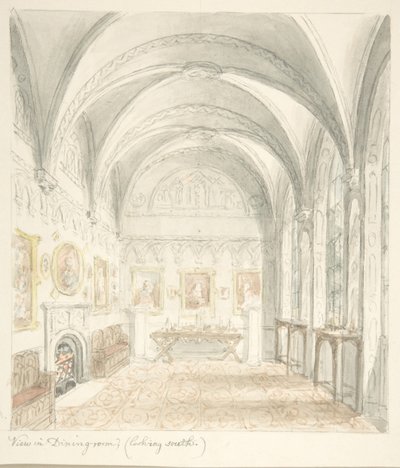 Lea kastély, Worcestershire, ebédlő délre néz, kb. 1816. alkotó: John Carter.