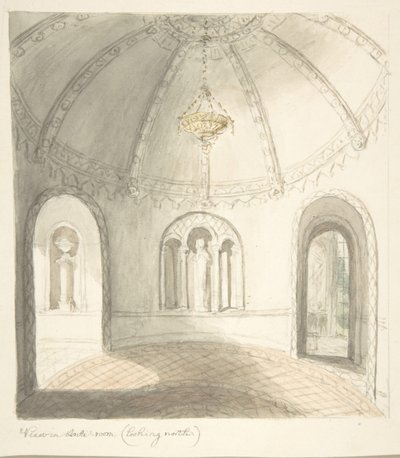 Lea kastély, Worcestershire, kilátás az előszobából, északra néz, kb. 1816. alkotó: John Carter.