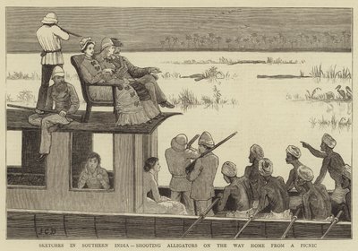 Vázlatok Dél-Indiában, aligátorok lövöldözése a piknikről hazafelé alkotó: John Charles Dollman