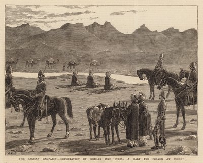 Az afgán hadjárat, a sirdárok deportálása Indiába, az ima leállása napnyugtakor alkotó: John Charles Dollman