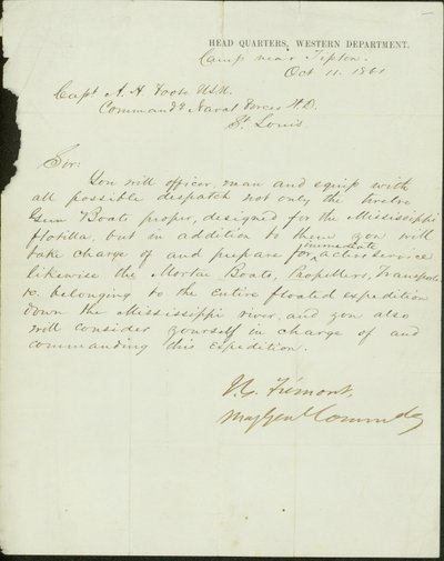 Levél aláírva J. C. Fremont parancsnok őrnagy, a Nyugati Minisztérium parancsnoksága, a Tipton melletti táborban, A. H. Foote kapitánynak, az Egyesült Államok Parancsnoki Haditengerészet H.D., St. Louis, 1861. október 11 alkotó: John Charles Frémont