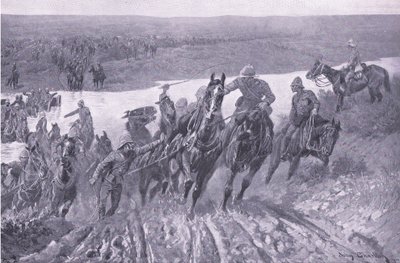 Tüzérség a caledon felé a Kareepoort Driftben, illusztráció az After Pretoria: The Guerilla War című filmből, 1902 alkotó: John Charlton