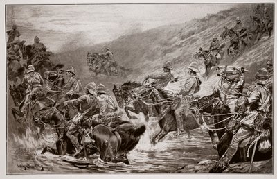 The Dash for Kimberley – A 10. huszárok átkelnek a klippsodródáson, G.D. Giles vázlata (fl.1890) után alkotó: John Charlton