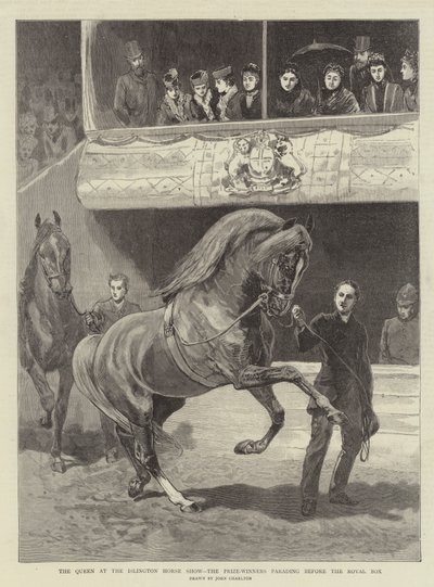 A királynő az Islington Horse Show-n, a díjazottak felvonulnak a királyi páholy előtt alkotó: John Charlton