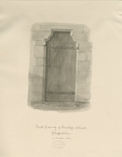 Armitage templom - Északi ajtó: szépia rajz alkotó: John Chessell Buckler