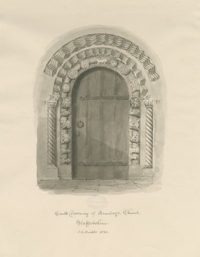 Armitage templom - Déli ajtó: szépia rajz alkotó: John Chessell Buckler